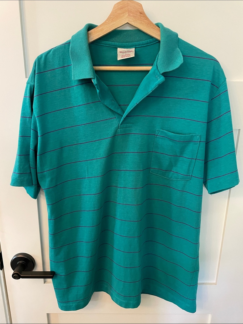 Vintage 80s 90s Windridge Teal Polo with Thin Purple Stripes - Men's